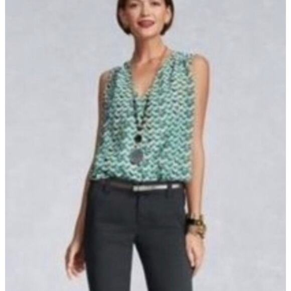 CAbi Women's Size Large Blouse Tweet Birds Faux Wrap Sheer Blue Teal Style #342 - Picture 1 of 9